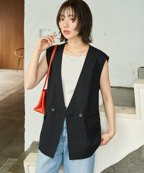 FREAK'S STORE（フリークスストア）の「限定展開　サマー リネン ブレンド ノーカラー ベスト＜セットアップ対応＞（ベスト・レディース・グレー/ナチュラル/ベージュ/ブラック・ﾌﾘ-）」の2枚目の写真