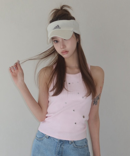 JOSE MOON(ジョゼムーン)の「EYELET TANK TOP/アイレットタンクトップ(タンクトップ・レディース・ブラック/ホワイト/グレー/ピンク・FREE)」の4枚目の写真