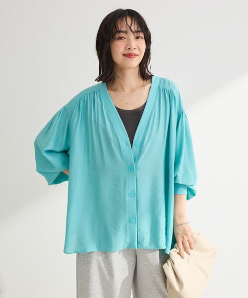 Green Parks(グリーンパークス)の「リブドッキングシアーシャツ(シャツ/ブラウス・レディース・ブラック/ホワイト系その他2/ブルー・FREE)」の7枚目の写真