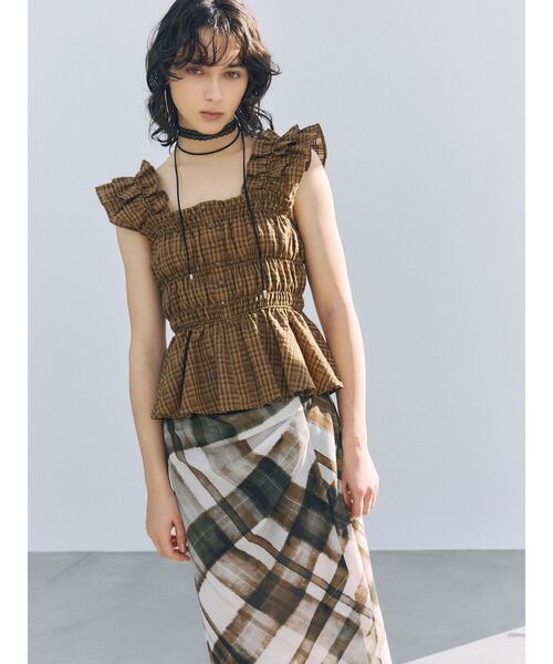 LAGUNAMOON(ラグナムーン)の「チェックドレープワンピース 【夏服】(ワンピース・レディース・ブラウン/ブルー・MEDIUM/SMALL)」の1枚目の写真