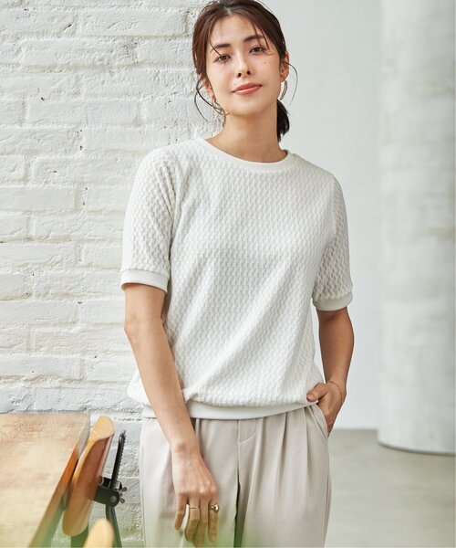 ikka（イッカ）の「【雑誌InRed6月号掲載】幾何学柄ジャカード半袖プルオーバー 【親子コーデ】（Tシャツ/カットソー・レディース・ネイビー/オフホワイト/イエロー/グリーン/グレイッシュベージュ・M/L/S）」の11枚目の写真