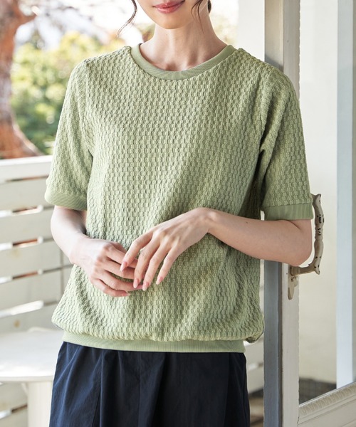 ikka(イッカ)の「【雑誌InRed6月号掲載】幾何学柄ジャカード半袖プルオーバー 【親子コーデ】(Tシャツ/カットソー・レディース・ネイビー/オフホワイト/イエロー/グリーン/グレイッシュベージュ・M/L/S)」の18枚目の写真