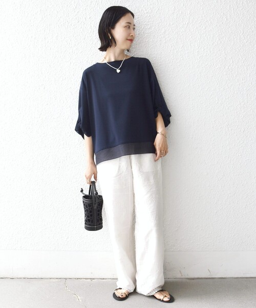 洗濯機可能〉袖 ツイスト デザイン シアー ドッキング TEE(Tシャツ 洗濯機可能〉袖 ツイスト デザイン シアー ドッキング TEE(Tシャツ