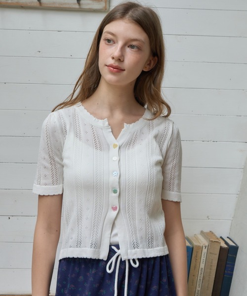 Birthday room(バースデイルーム)の「アソートボタン半袖カーディガン/Assorted Button Short-Sleeve Cardigan(カーディガン/ボレロ・レディース・グレー/ホワイト/ピンク・FREE)」の11枚目の写真