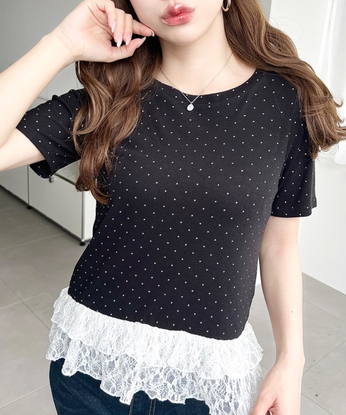 moment+(モーメントプラス)の「裾フリルレース半袖カットソー(Tシャツ/カットソー・レディース・杢グレー/ブラック系その他/ホワイト系その他/オフホワイト/ブラック/イエロー・M)」の4枚目の写真