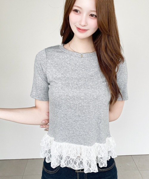 moment+(モーメントプラス)の「裾フリルレース半袖カットソー(Tシャツ/カットソー・レディース・杢グレー/ブラック系その他/ホワイト系その他/オフホワイト/ブラック/イエロー・M)」の5枚目の写真