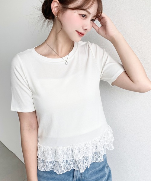 moment+(モーメントプラス)の「裾フリルレース半袖カットソー(Tシャツ/カットソー・レディース・杢グレー/ブラック系その他/ホワイト系その他/オフホワイト/ブラック/イエロー・M)」の2枚目の写真