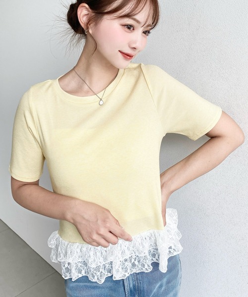 moment+(モーメントプラス)の「裾フリルレース半袖カットソー(Tシャツ/カットソー・レディース・杢グレー/ブラック系その他/ホワイト系その他/オフホワイト/ブラック/イエロー・M)」の6枚目の写真