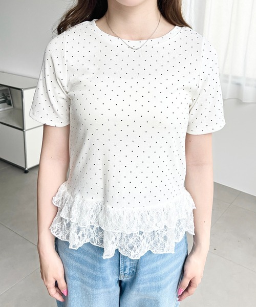 moment+(モーメントプラス)の「裾フリルレース半袖カットソー(Tシャツ/カットソー・レディース・杢グレー/ブラック系その他/ホワイト系その他/オフホワイト/ブラック/イエロー・M)」の15枚目の写真