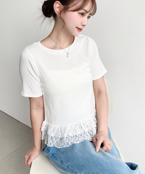 moment+(モーメントプラス)の「裾フリルレース半袖カットソー(Tシャツ/カットソー・レディース・杢グレー/ブラック系その他/ホワイト系その他/オフホワイト/ブラック/イエロー・M)」の10枚目の写真