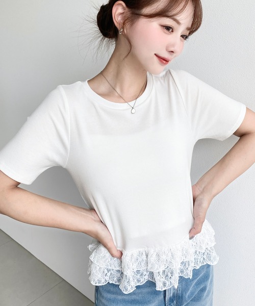 moment+(モーメントプラス)の「裾フリルレース半袖カットソー(Tシャツ/カットソー・レディース・杢グレー/ブラック系その他/ホワイト系その他/オフホワイト/ブラック/イエロー・M)」の8枚目の写真