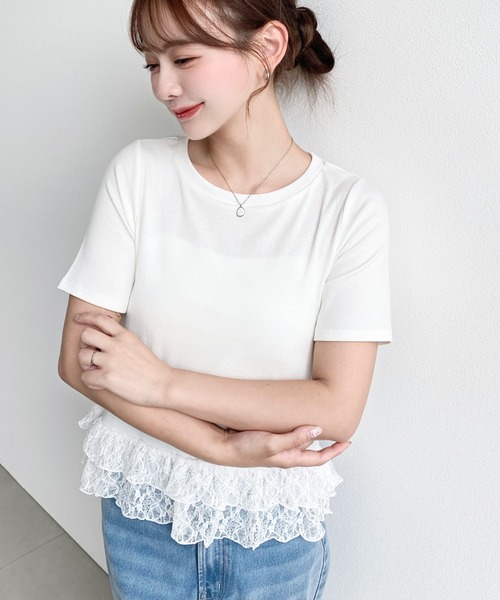moment+(モーメントプラス)の「裾フリルレース半袖カットソー(Tシャツ/カットソー・レディース・杢グレー/ブラック系その他/ホワイト系その他/オフホワイト/ブラック/イエロー・M)」の9枚目の写真