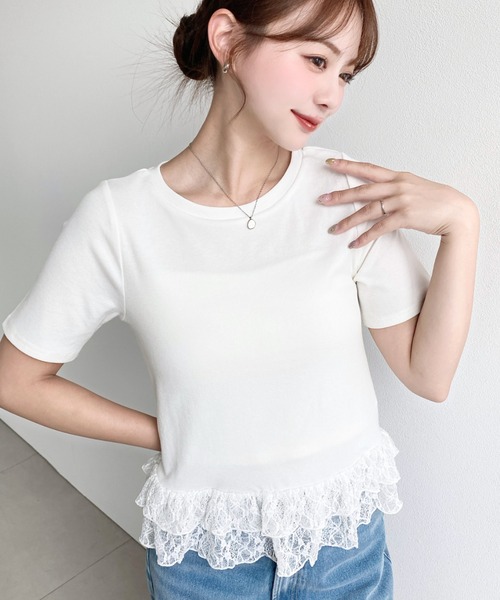 moment+(モーメントプラス)の「裾フリルレース半袖カットソー(Tシャツ/カットソー・レディース・杢グレー/ブラック系その他/ホワイト系その他/オフホワイト/ブラック/イエロー・M)」の7枚目の写真