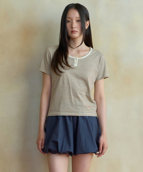WEDNESDAYOASISFORWOMEN(ウェンズデー オアシス フォー ウーマン)の「アルロストライプヘンリーネック半袖Tシャツ_ORANGE(WB6TP29)(Tシャツ/カットソー・レディース・オレンジ・FREE)」の4枚目の写真