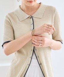 ポロ襟シアーリブハーフスリーブカーディガン