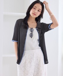 ポロ襟シアーリブハーフスリーブカーディガン