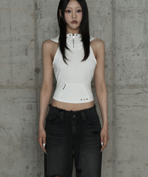 Zipper Halter Turtleneck Point Pocket Hoodie (White)
