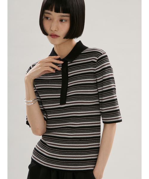 emmi(エミ)の「マルチボーダーポロニット/ウォッシャブル/UVカット(ニット/セーター・レディース・ライトグレー/ブラック/パープル・F)」の2枚目の写真