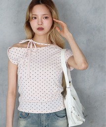 BARELY BLUE | 【 BARELY BLUE / ベアリーブルー 】 リボンネック ドット アシンメトリー オフショル 半袖 Tシャツ(Tシャツ/カットソー)