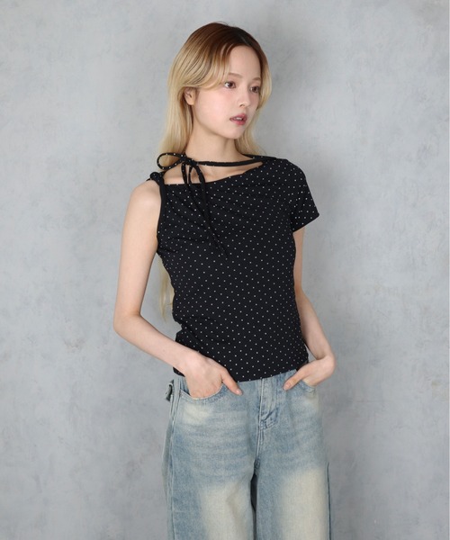 BARELY BLUE（ベアリーブルー）の「【 BARELY BLUE / ベアリーブルー 】 リボンネック ドット アシンメトリー オフショル 半袖 Tシャツ（Tシャツ/カットソー・レディース・ブラック/ホワイト/ピンク・FREE）」の10枚目の写真