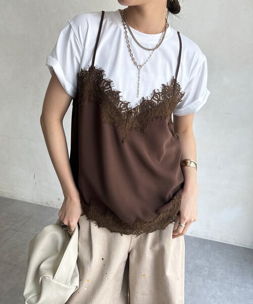 DouDou(ドゥドゥ)の「【WEB限定】キャミドッキングTEE(Tシャツ/カットソー・レディース・ブラック/チャコールグレー/ブラック系その他2/ブラウン・FREE)」の4枚目の写真