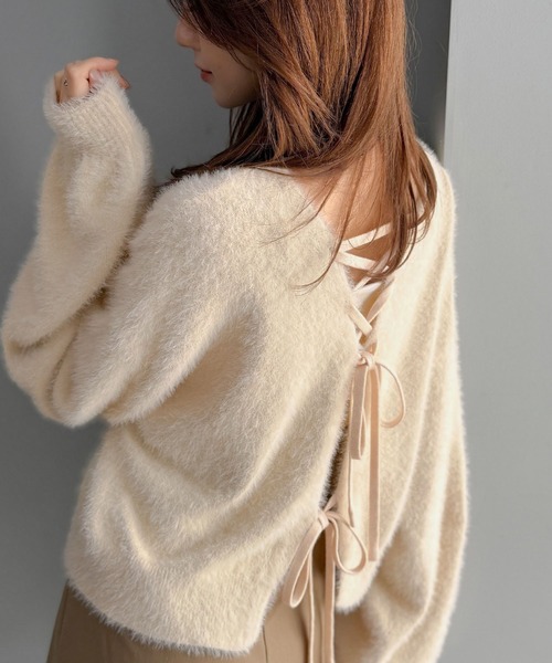 mily bilet(ミウィビレット)の「【mily bilet】前も後ろも、リボンで映える。前後2wayレースアップフェザーニットカーディガン(カーディガン/ボレロ・レディース・イエロー/チャコールグレー/ピンク/アイボリー・X-LARGE/LARGE/SMALL/MEDIUM)」の1枚目の写真