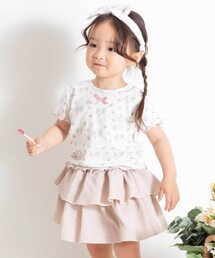 花柄ワッフル半袖Tシャツ+ヒラミニスカパン+ヘアバンドセット(80~90cm)