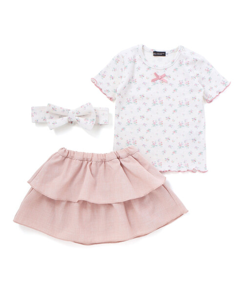 BeBe（ベベ）の「花柄ワッフル半袖Tシャツ+ヒラミニスカパン+ヘアバンドセット(80~90cm)（その他ベビーウェア・キッズ・ピンク系その他/ブルー系その他・90cm/80ｃｍ）」の4枚目の写真