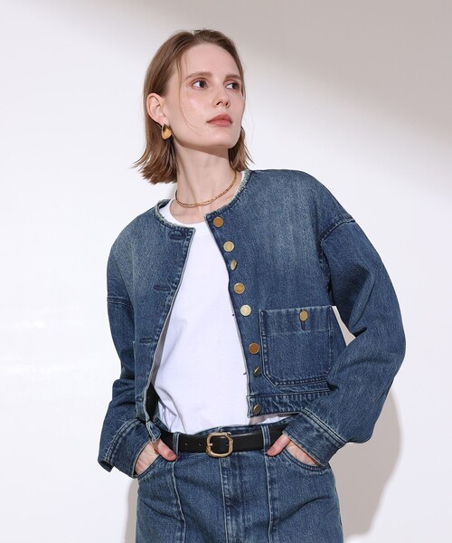 allureville(アルアバイル)の「デニムノーカラージャケット(ノーカラージャケット・レディース・インディゴブルー・2/1)」の2枚目の写真