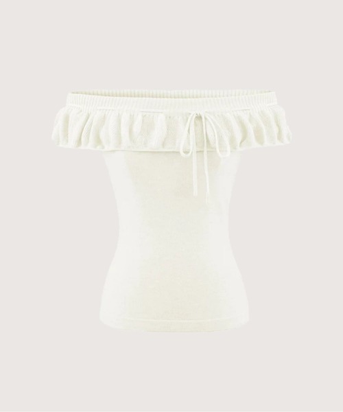 LA POMME petit(ラポミ・プチ)の「Ballet Ruffle Off-Shoulder Top/バレエラッフルオフショルダートップス(Tシャツ/カットソー・レディース・グレー/ホワイト/ライトグレー/グリーン・FREE)」の2枚目の写真