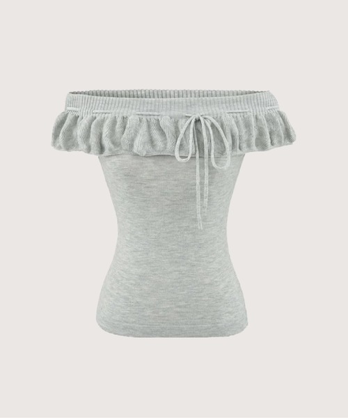 LA POMME petit(ラポミ・プチ)の「Ballet Ruffle Off-Shoulder Top/バレエラッフルオフショルダートップス(Tシャツ/カットソー・レディース・グレー/ホワイト/ライトグレー/グリーン・FREE)」の1枚目の写真