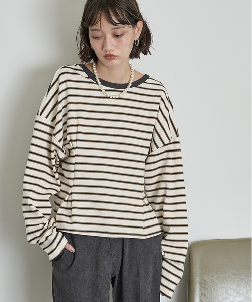 THE YOn（ザヨン）の「ウエストタックボーダートップス（Tシャツ/カットソー・レディース・グレー/ブラック/アイボリー・FREE）」の2枚目の写真