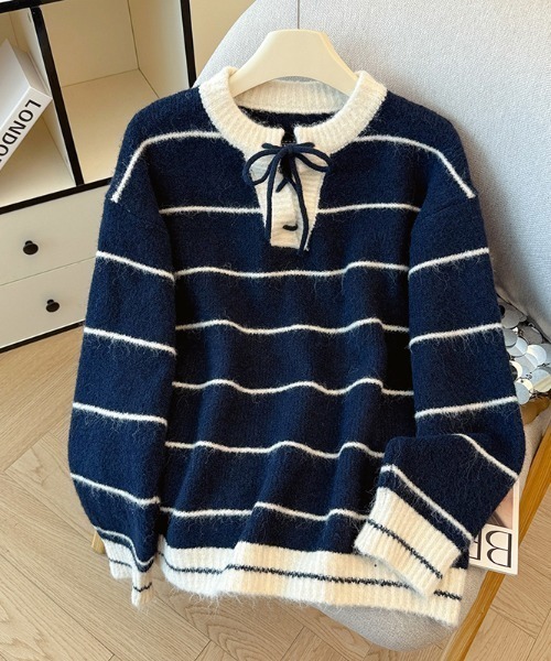 AMAJI(アマジ)の「ボーダー柄 ウール 配色切替 ニットトップス(ニット/セーター・レディース・ブラウン/ネイビー/ライトグレー/ベージュ・FREE)」の5枚目の写真