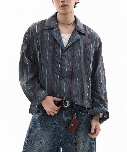 DOUBLE STEAL(ダブルスティール)の「DSレトロストライプオープンカラーシャツ(シャツ/ブラウス・メンズ・ブルー/グレー・X-LARGE/LARGE/MEDIUM)」の2枚目の写真