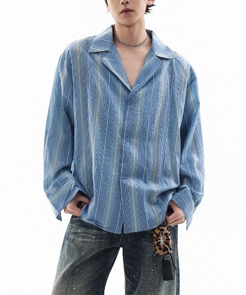 DOUBLE STEAL(ダブルスティール)の「DSレトロストライプオープンカラーシャツ(シャツ/ブラウス・メンズ・ブルー/グレー・X-LARGE/LARGE/MEDIUM)」の1枚目の写真