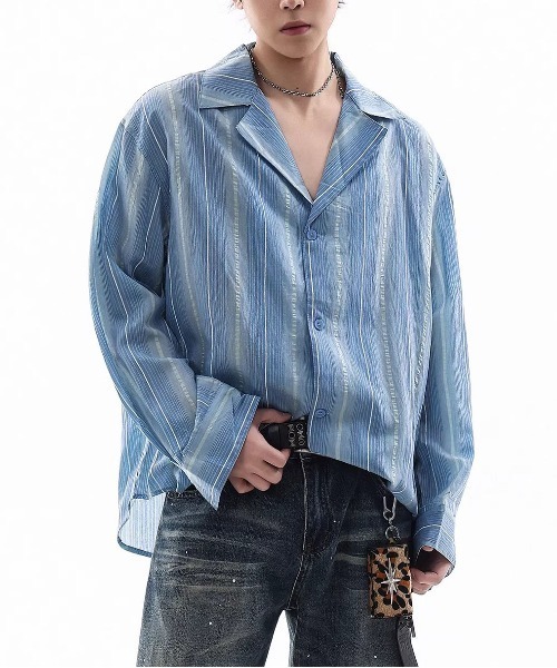 DOUBLE STEAL(ダブルスティール)の「DSレトロストライプオープンカラーシャツ(シャツ/ブラウス・メンズ・ブルー/グレー・X-LARGE/LARGE/MEDIUM)」の3枚目の写真