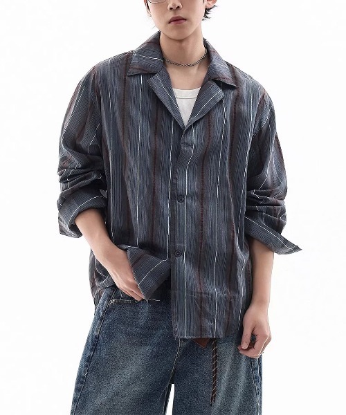DOUBLE STEAL(ダブルスティール)の「DSレトロストライプオープンカラーシャツ(シャツ/ブラウス・メンズ・ブルー/グレー・X-LARGE/LARGE/MEDIUM)」の4枚目の写真