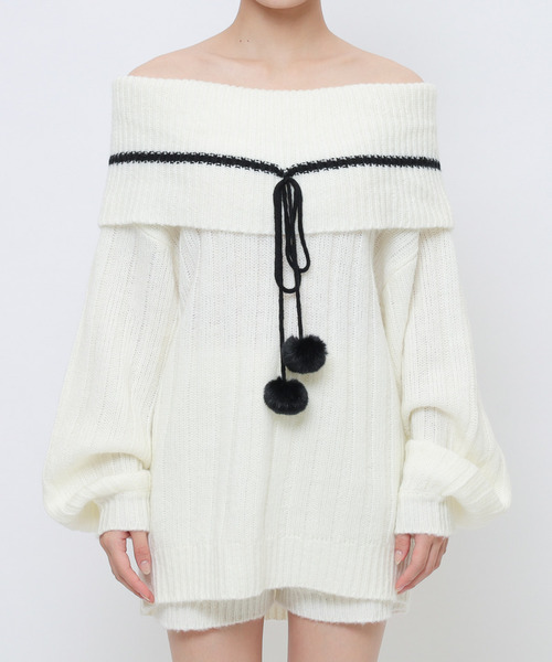 SPIRALGIRL(スパイラルガール)の「ぽんぽん付きオフショルニット×ショートパンツセットアップ(ワンピース・レディース・グレー/ブラック/ホワイト・FREE)」の15枚目の写真