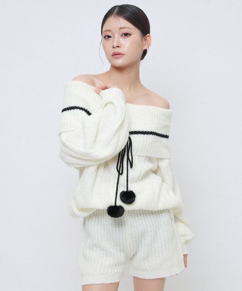 SPIRALGIRL(スパイラルガール)の「ぽんぽん付きオフショルニット×ショートパンツセットアップ(ワンピース・レディース・グレー/ブラック/ホワイト・FREE)」の8枚目の写真