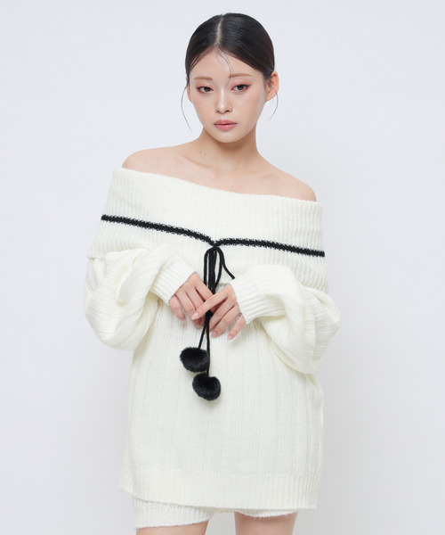 SPIRALGIRL(スパイラルガール)の「ぽんぽん付きオフショルニット×ショートパンツセットアップ(ワンピース・レディース・グレー/ブラック/ホワイト・FREE)」の11枚目の写真