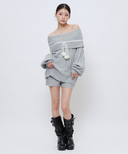 SPIRALGIRL(スパイラルガール)の「ぽんぽん付きオフショルニット×ショートパンツセットアップ(ワンピース・レディース・グレー/ブラック/ホワイト・FREE)」の13枚目の写真