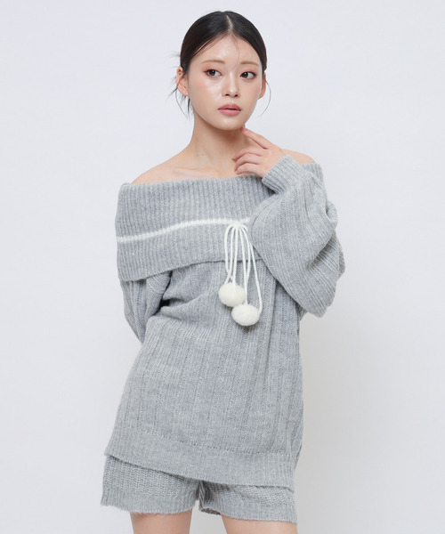 SPIRALGIRL(スパイラルガール)の「ぽんぽん付きオフショルニット×ショートパンツセットアップ(ワンピース・レディース・グレー/ブラック/ホワイト・FREE)」の14枚目の写真
