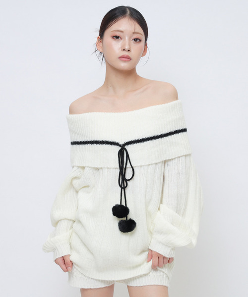 SPIRALGIRL(スパイラルガール)の「ぽんぽん付きオフショルニット×ショートパンツセットアップ(ワンピース・レディース・グレー/ブラック/ホワイト・FREE)」の10枚目の写真