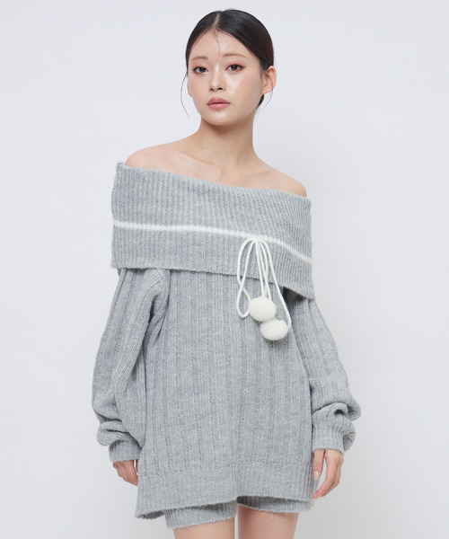 SPIRALGIRL(スパイラルガール)の「ぽんぽん付きオフショルニット×ショートパンツセットアップ(ワンピース・レディース・グレー/ブラック/ホワイト・FREE)」の12枚目の写真