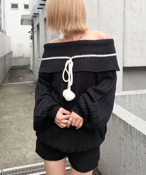 SPIRALGIRL(スパイラルガール)の「ぽんぽん付きオフショルニット×ショートパンツセットアップ(ワンピース・レディース・グレー/ブラック/ホワイト・FREE)」の6枚目の写真