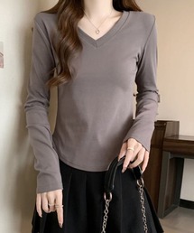 Vネック 長袖カットソー ストレッチ トップス インナー