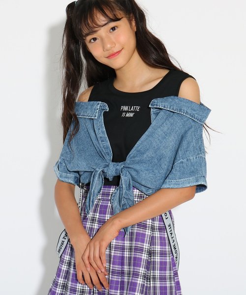 裾結びシャツレイヤード トップス