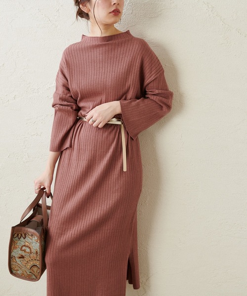 natural couture（ナチュラルクチュール）の「もちもちニットボトルネックリブワンピース（ワンピース・レディース・ブラック/ダークブラウン/ミント/モカ/ライトベージュ・FREE）」の3枚目の写真