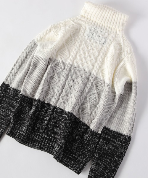 ADPOSION（アドポーション）の「ケーブル編みタートルネックニット（ニット/セーター・メンズ・ブラック×グレー/グレー/杢グレー/ブラウン/ネイビー/ホワイト×グレー/ブラック/アイボリー・X-LARGE/MEDIUM/LARGE）」の3枚目の写真