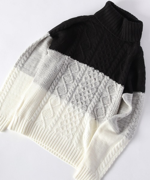 ADPOSION（アドポーション）の「ケーブル編みタートルネックニット（ニット/セーター・メンズ・ブラック×グレー/グレー/杢グレー/ブラウン/ネイビー/ホワイト×グレー/ブラック/アイボリー・X-LARGE/MEDIUM/LARGE）」の5枚目の写真